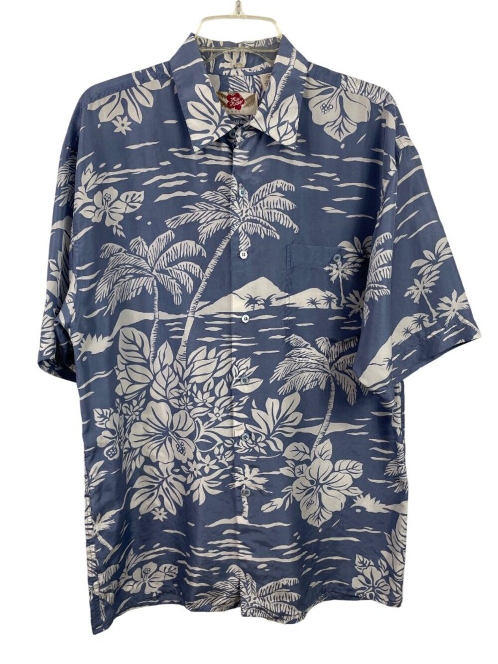 Hilo Hattie Mens Blue & White Hawaiian Silk Shirt MED Palm Print Short Sleeve
